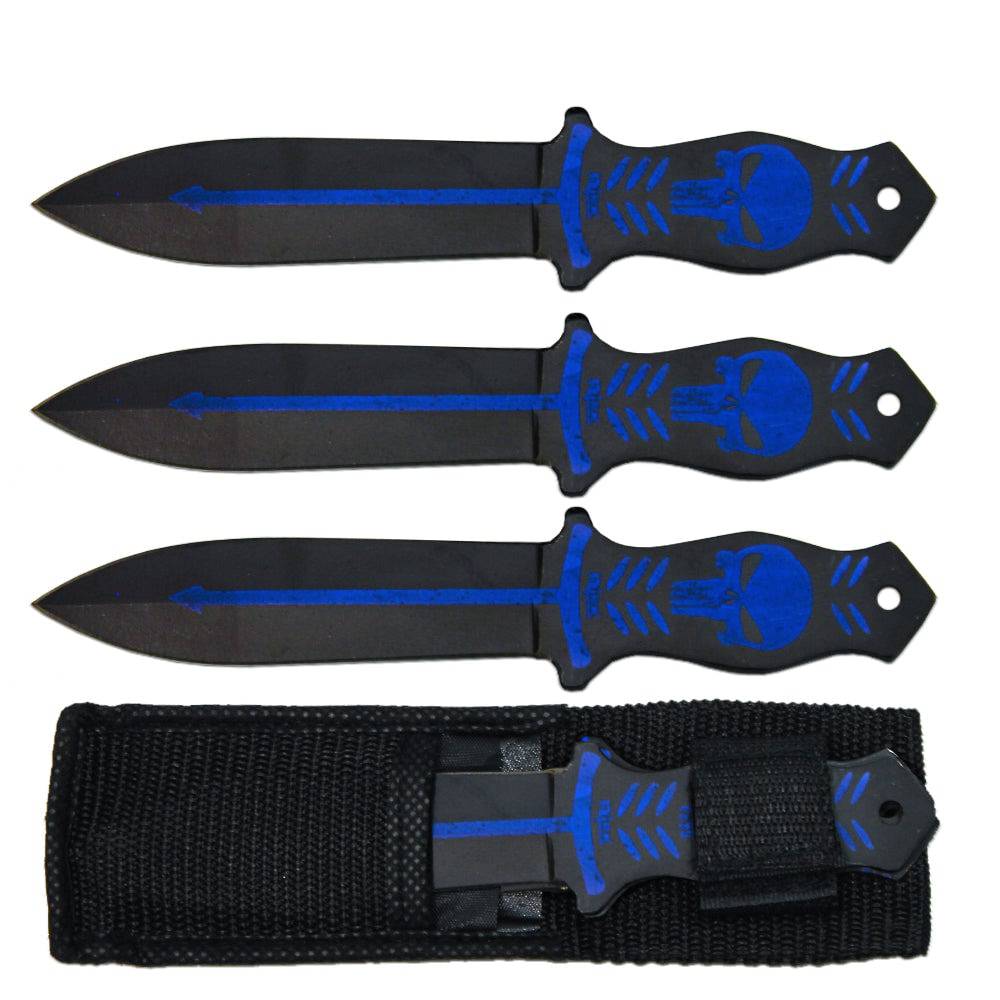 Rex Distributor 6.5" black and blue skull print throwing knife set with nylon sheath, perfect for training and collection.