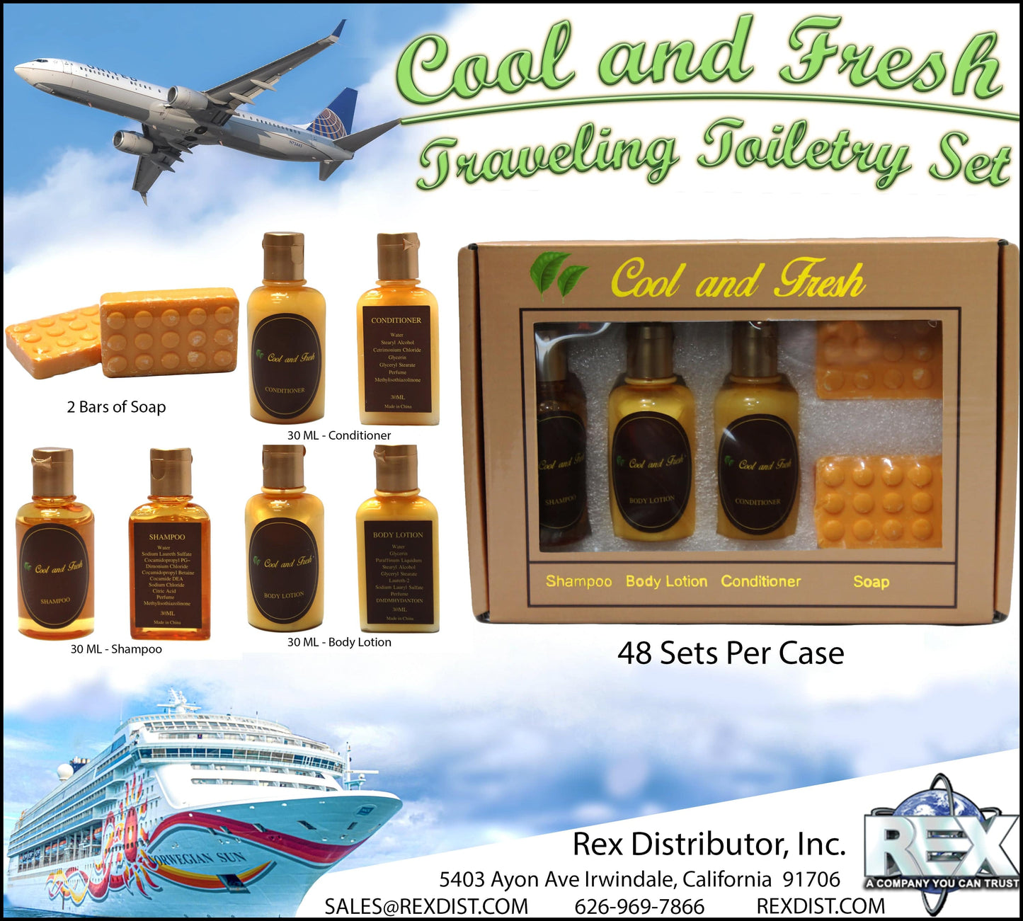 Rex Distributor 5-piece cool and fresh traveling toiletry set, includes travel-sized bottles and containers on a white background.