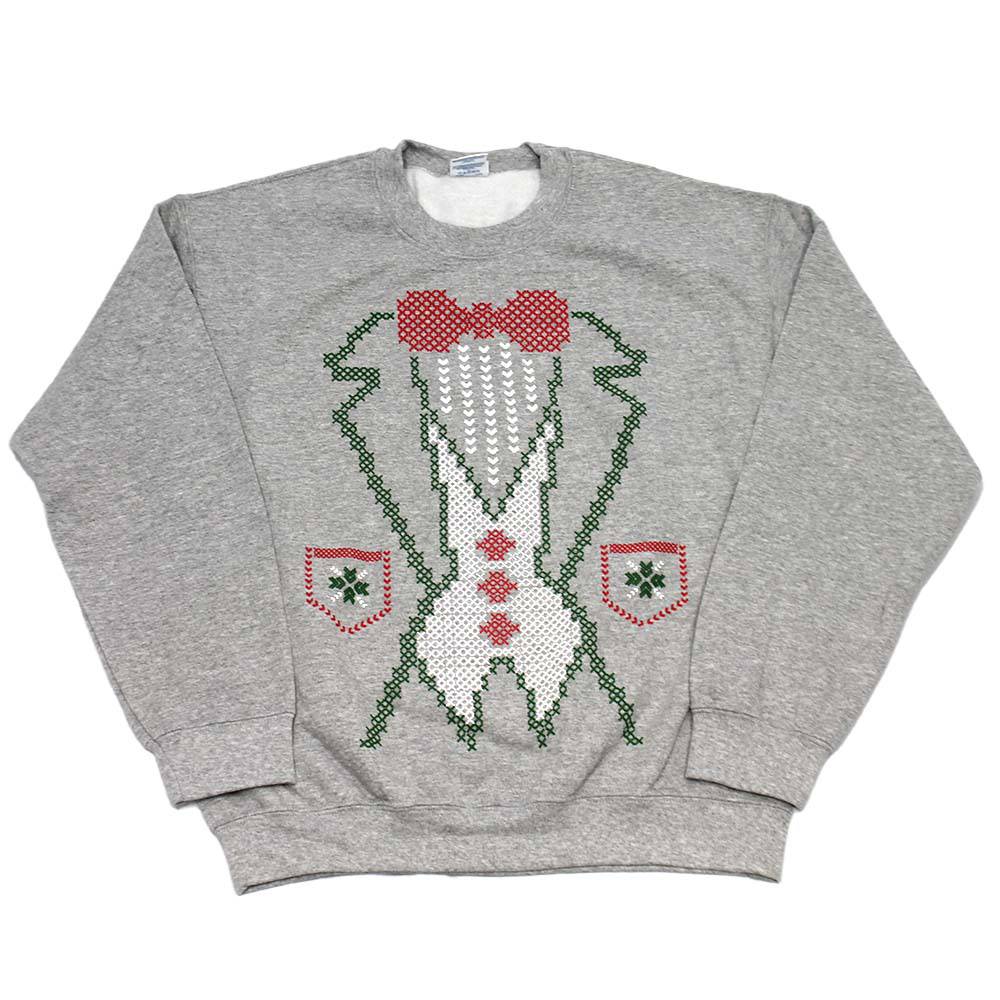 Men's grey heather Christmas pixel ugly sweater shirt by Rex Distributor, Inc., featuring holiday-themed pixel designs.