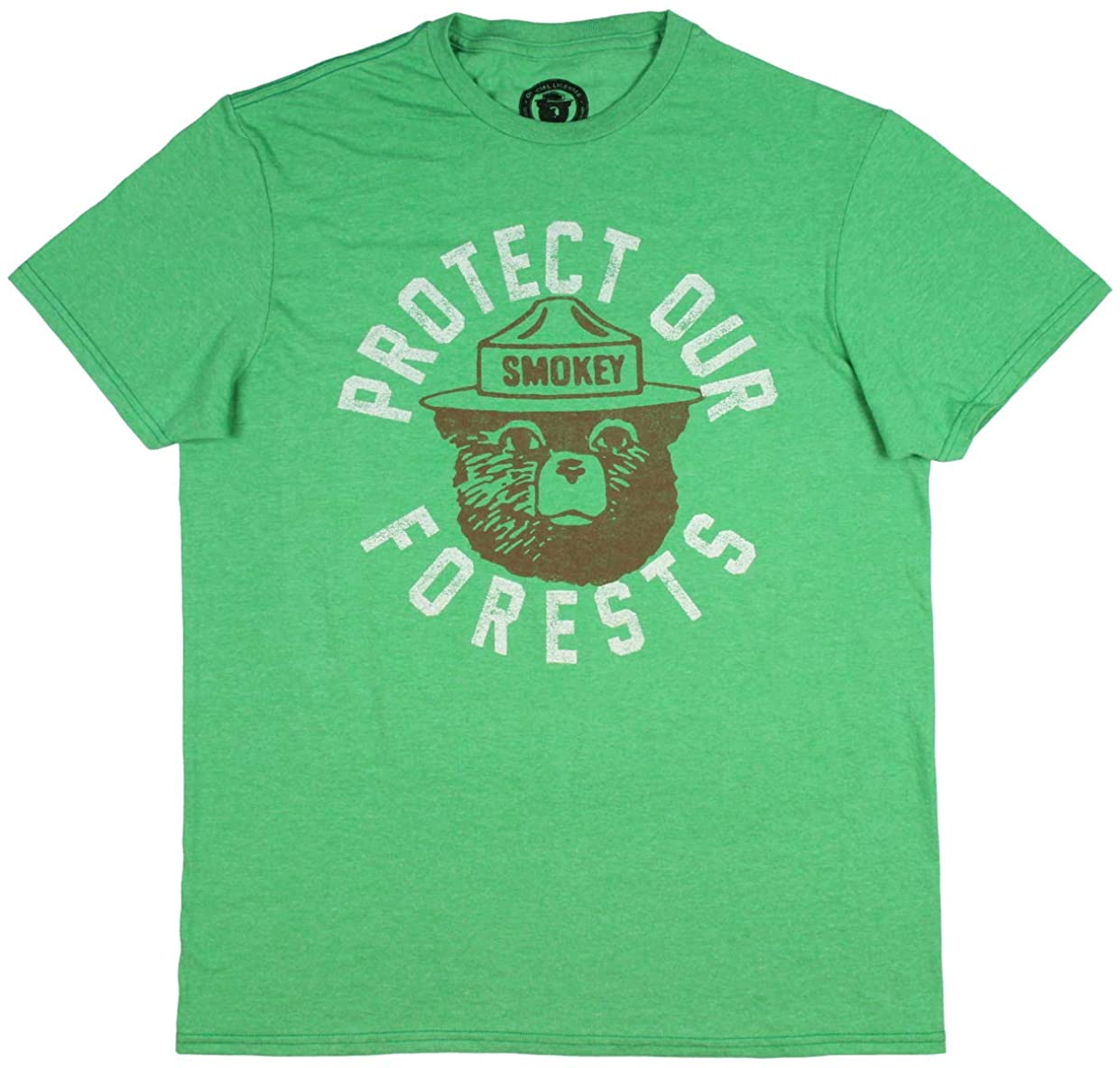 Men's green heather faded Smokey the Bear graphic T-shirt by Rex Distributor, Inc., featuring forest protection design.