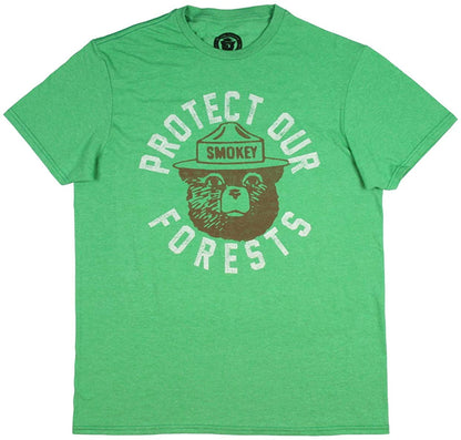 Men's green heather faded Smokey the Bear graphic T-shirt by Rex Distributor, Inc., featuring forest protection design.