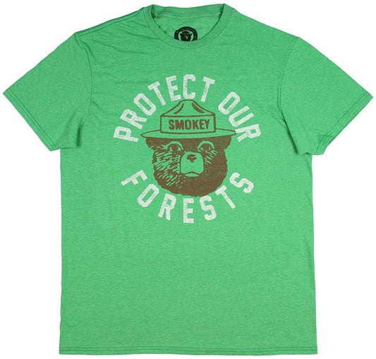 Men's green heather faded Smokey the Bear graphic T-shirt by Rex Distributor, Inc., featuring forest protection design.