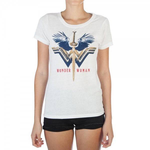 Womens Juniors White Wonder Woman Logo Burnout God-Killer Sword Boyfriend Tee T Shirt - Rex Distributor, Inc. Wholesale Licensed Products and T-shirts, Sporting goods,