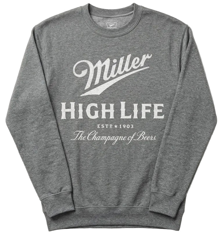 A heather gray crewneck sweatshirt featuring a white printed graphic of the Miller High Life logo on the front, laid flat against a light off-white background.