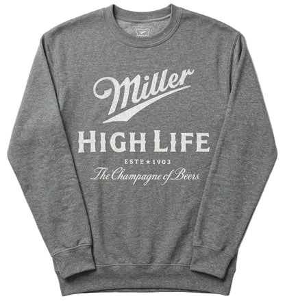 A heather gray crewneck sweatshirt featuring a white printed graphic of the Miller High Life logo on the front, laid flat against a light off-white background.