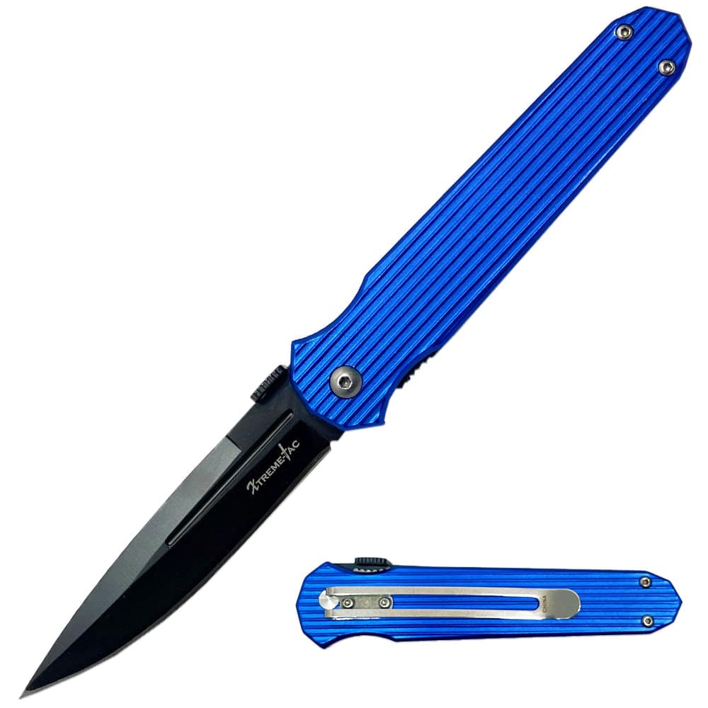Rex Distributor XT 464-45BL blue shadow 4-inch manual open folding knife with belt clip, featuring a sturdy blade and ergonomic handle.