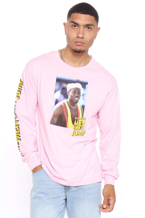 Men's White Cant Jump Long Sleeve Pink Tee T-Shirt