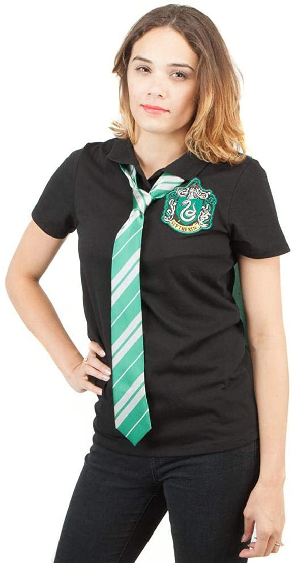 Women Juniors Grey Harry Potter Slytherin Caped Polo Shirt with Tie