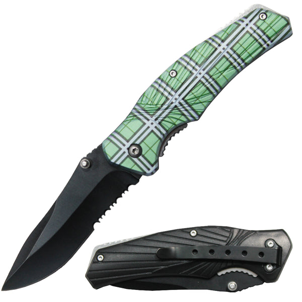 BBK 3417-GN 4.25" Green Plaid Handle Thumb Stud Folding Knife with Belt Clip