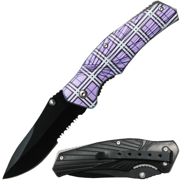 BBK 3417-PP 4.25" Purple Plaid Handle Thumb Stud Folding Knife with Belt Clip
