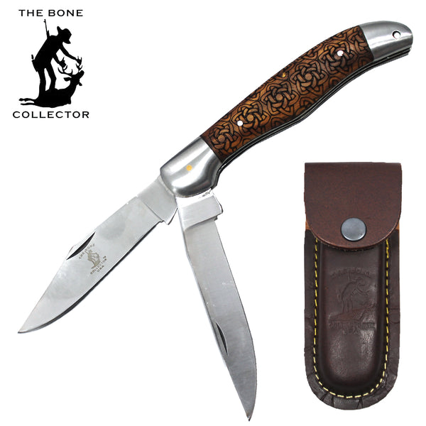 BC 816-RW 5" Rosewood Bone Collector 2 Blade Wood Handle Folding Knife with Leather Knife