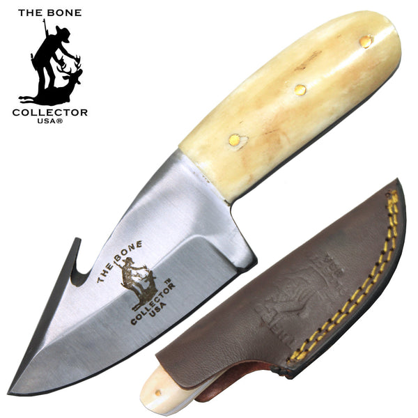 BC 874-BN 5.25" Bone Collector White Handle Gut Hook Skinner Knife with Leather Sheath