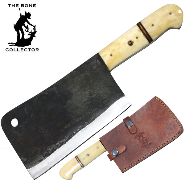 BC 878-WHBN 10.75" Bone Collector Hand Forged White Bovine Handle Cleaver with Leather Sheath