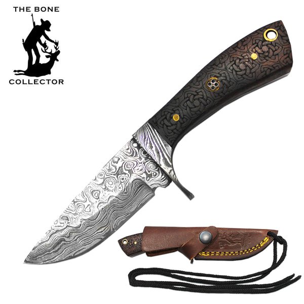 BC 881-DRW 6.5" Damascus Blade Bone Collector Etched Rosewood Handle Skinner Knife with Leather Sheath & Rope Lanyard