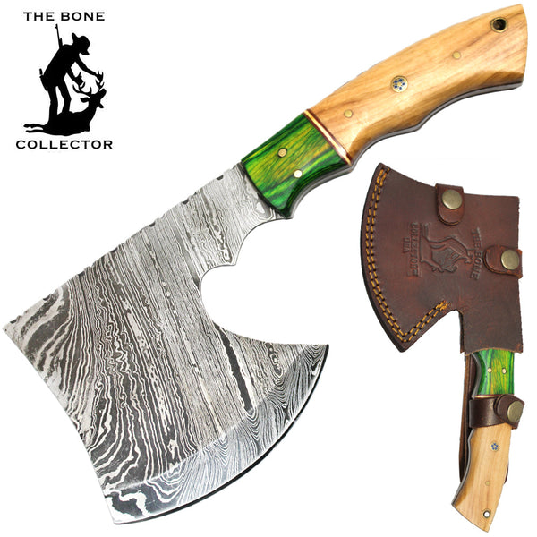 BC AXDB-34A 10" Damascus Blade Bone Collector Green Wood Handle Axe with Leather Sheath