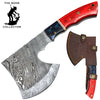 BC AXDB-34C 10" Damascus Blade Bone Collector Red & Blue Wood Handle Axe with Leather Sheath