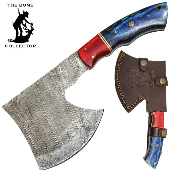 BC AXDB-34D 10" Damascus Blade Bone Collector Blue & Red Wood Handle Axe with Leather Sheath