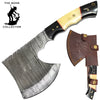 BC AXDB-34E 10" Damascus Blade Bone Collector Bovine Bone & Horn Handle Axe with Leather Sheath