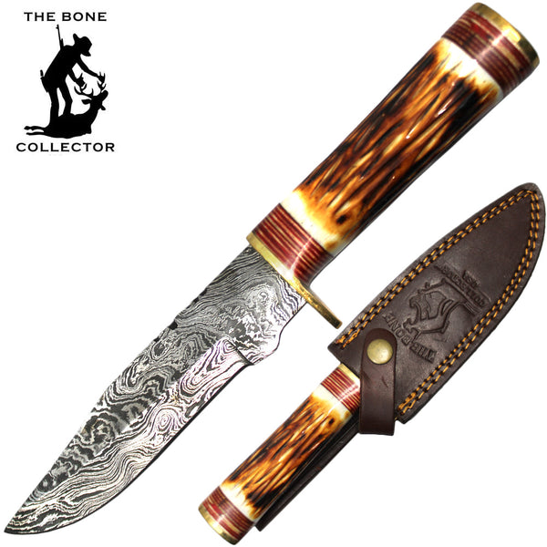 BC HKDB-27 10' Damascus Blade Collector Bovine Handle Hunting Knife with Leather Sheath