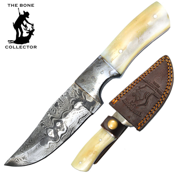 BC HKDB-28 8" Damascus Blade Bone Collector Bovine Handle Hunting Knife with Leather Sheath