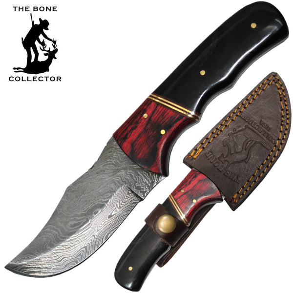 BC HKDB-31 8" Damascus Blade Bone Collector Bovine Horn & Wood Handle Hunting Knife with Leather Sheath