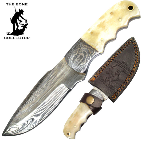 BC HKDB-48 8" Damascus Blade Bone Collector Bovine Handle Hunting Knife with Leather Sheath