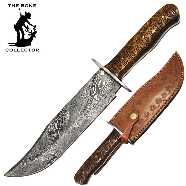 BC HKDB-54 13" Bone Collector Carved Wood Handle Damascus Blade Hunting Knife with Leather Sheath