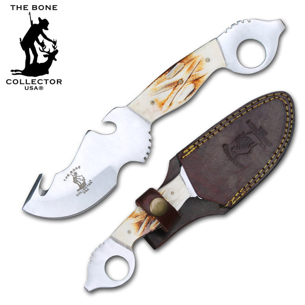 BC 806 8.25" Bone Collector Gut Hook Blade Skinning Knife Bone Handle with Leather Sheath