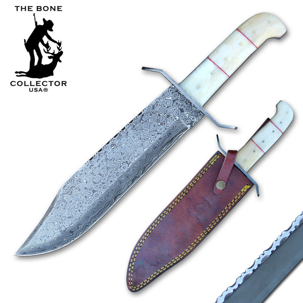 BC 858-BNDB 15" Damascus Bowie Knife White Bone Handle with Leather Sheath