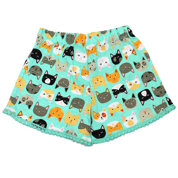 Girl's Aqua Green Cat Print Tassel Shorts