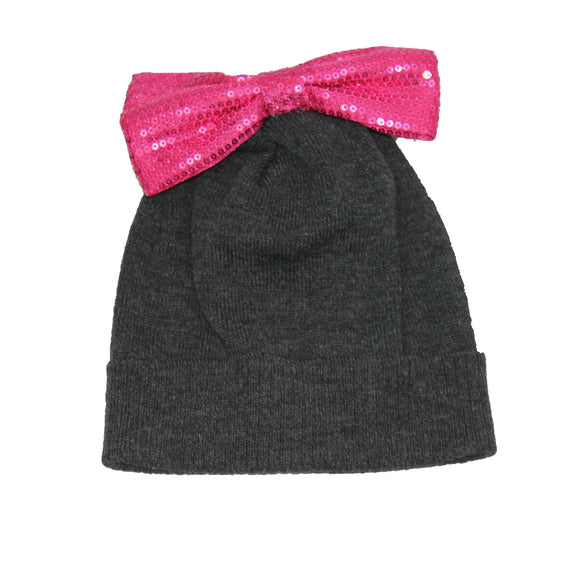 Girls Gray Beanie Sequence Pink Bow