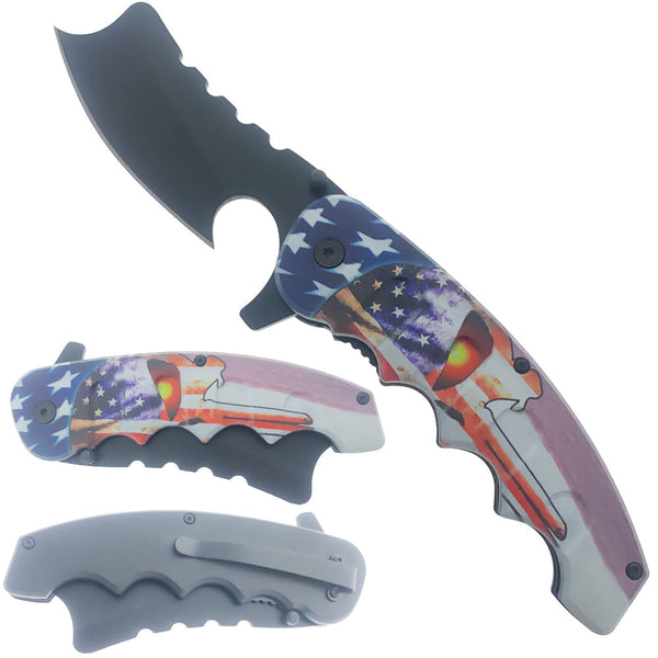 KS 1680-SK 5" Skull USA Flag Handle Axe Blade Assist-Open Folding Knife