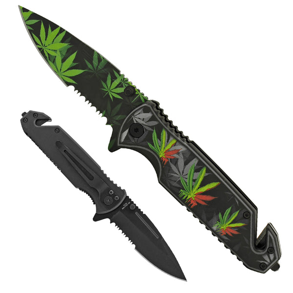 KS 1820-MA 4.75" Marijuana Rasta Leaves Half Serrated Blade Assist-Open Rescue Knife with Belt Cutter & Glass Breaker