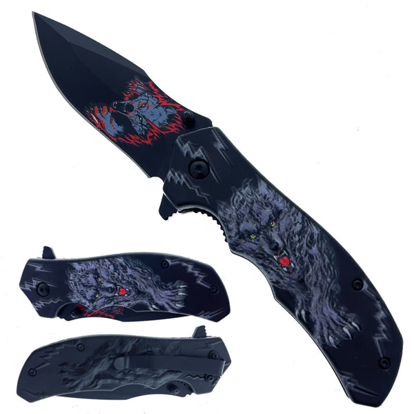 KS 1927-BK 4.5" Black Wild Wolf 3D Texture Handle Assist-Open Folding Knife