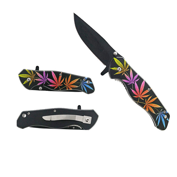 KS 30153-4 5" Rainbow Marijuana Leaf Handle Assist-Open Folding Knife