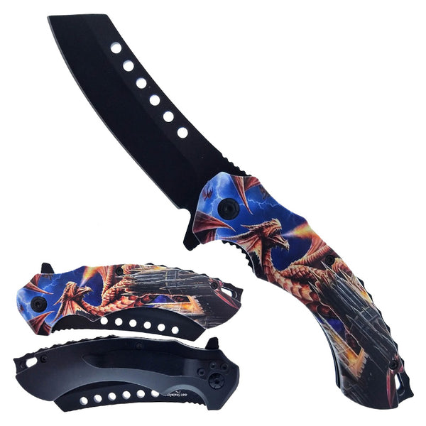 KS 30175-3 4.75" Fire Breathing Dragon Print Butcher Blade Assist-Open Folding Knife with Pocket Clip