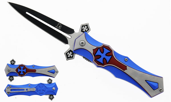 KS 5441-BLRD 4.5" Blue & Red Cross Handle Assist-Open Knife with Belt Clip