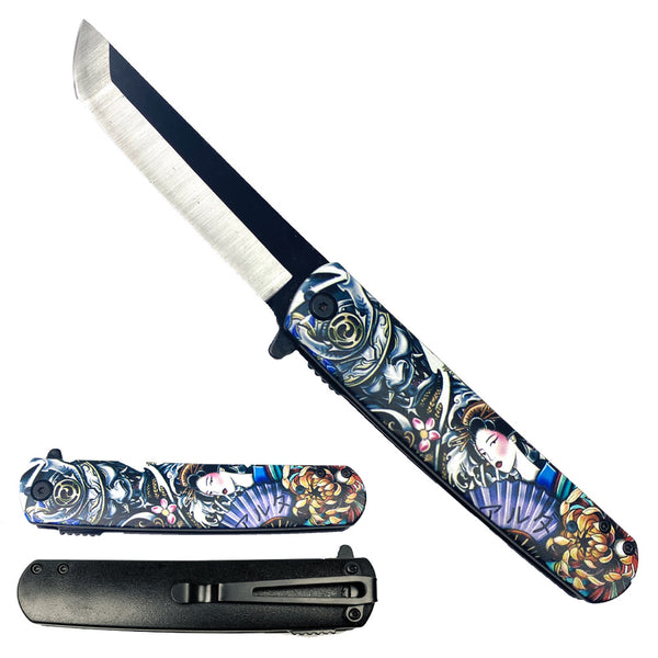 KS 61261-10 4.75" Spring Assisted Knife with Samurai Geisha Japanese 3D Print Design