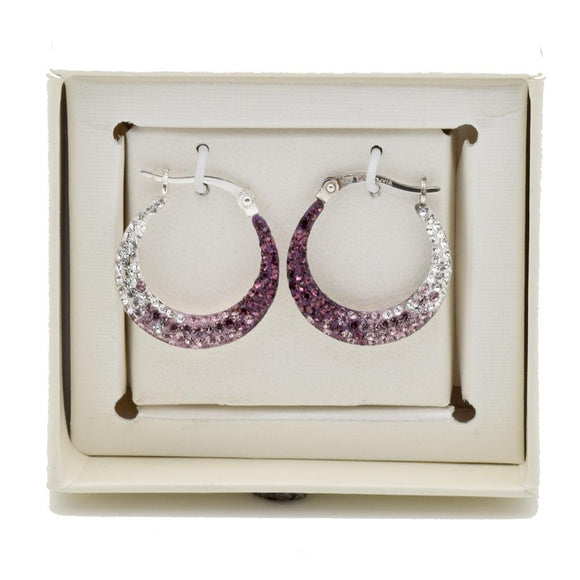 Hollow Sterling Silver Purple And Clear Ombre Crystal Round Hoop Earrings