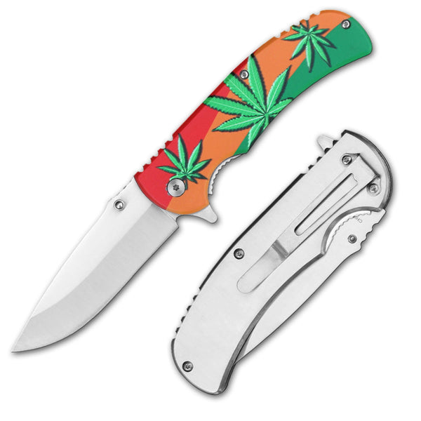 PK 1536-MA2 4.5" Metal Handle Marijuana Leaf Assist-Open Folding Knife