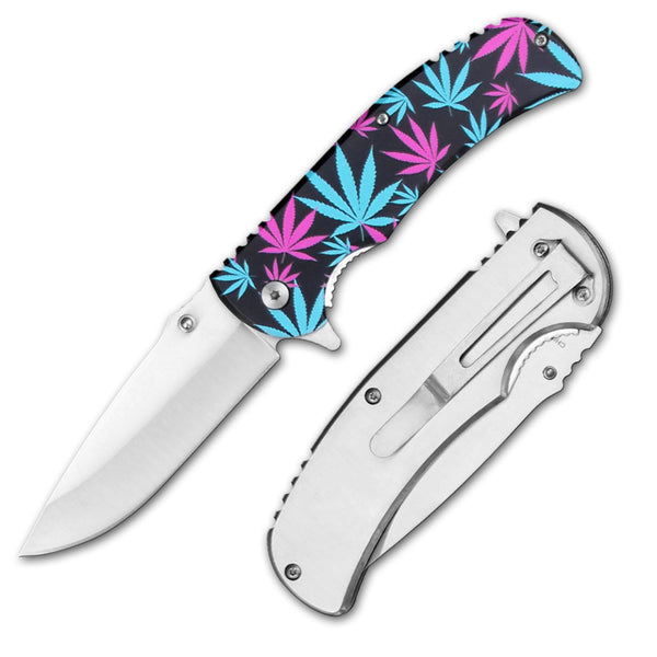PK 1536-MA3 4.5" Metal Handle Marijuana Leaf Assist-Open Folding Knife