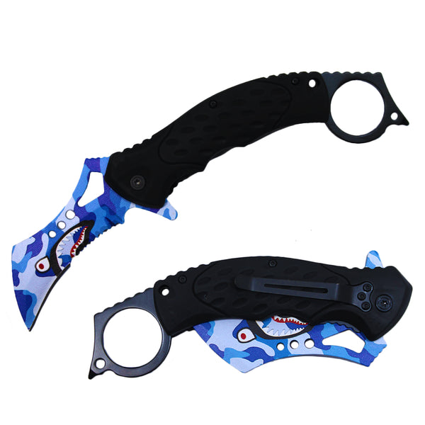 PK 4780-BL 5" Blue Camo Spring Assisted Folding Karambit Knife Shark Head Print