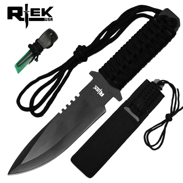 RT 1737 11" RTEK Tactical Fixed Blade Hunting Knife Cord Wrapped Handlewith Firestarter & Sheath