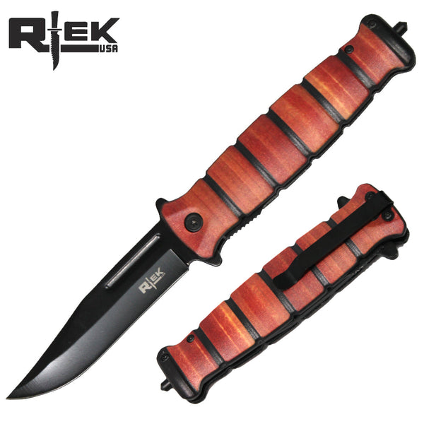 RT 6154-S 5" Rtek Clip Point Assist-Open Wood Handle Tactical Folding Knife with Glass Breaker