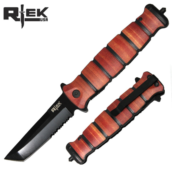 RT 6154-T 5" Rtek Tanto Point Assist-Open Wood Handle Tactical Folding Knife with Glass Breaker