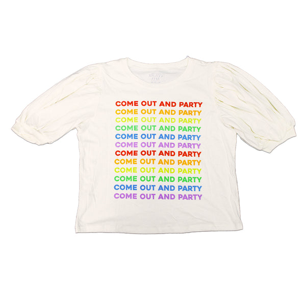 Women Junior's Come Out And Party Rainbow Graphic Ruffle Sleeve Tee T-Shirt
