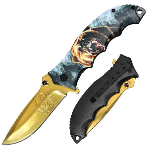SP 821-BR 4.5" Bear Wildlife Handle Gold Blade Assist-Open Folding Knife