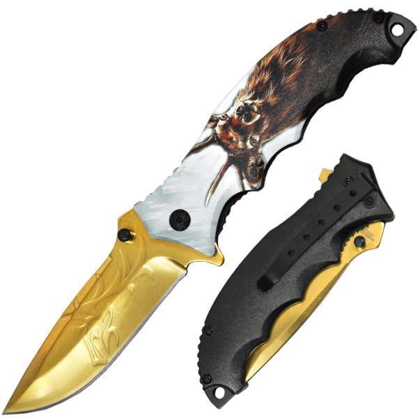 SP 821-DE 4.5" Deer Wildlife Handle Gold Blade Assist-Open Folding Knife