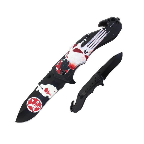 T 27017-1 4" Red Skull Handle Assist-Open Rescue Knife with Belt Cutter & Glass Breaker