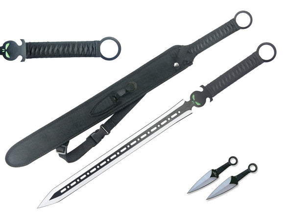 T 63103-BK 27″ Ninja Sword Vented Silver/Black Blade + Throwing Knives